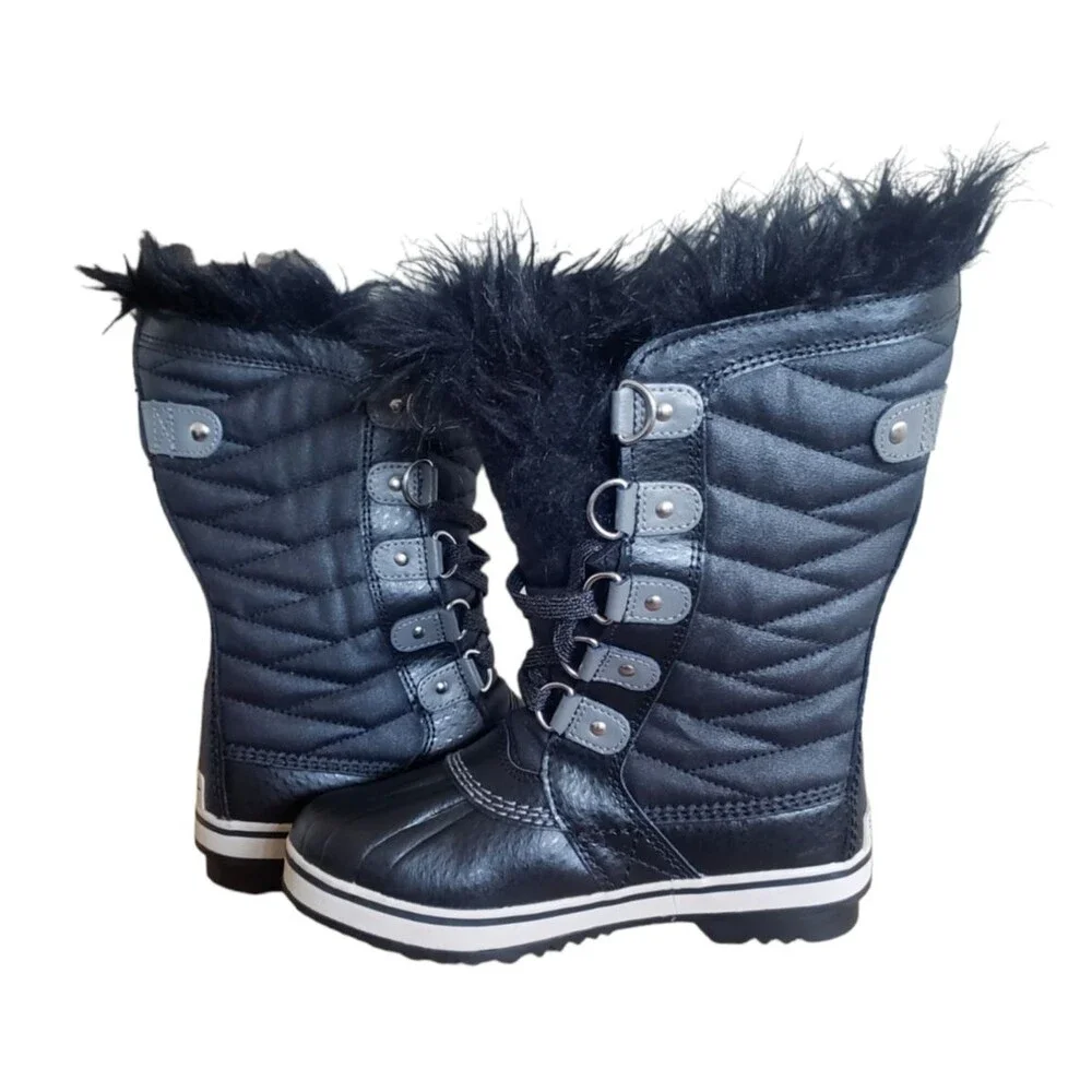 Sorel Tofino II Black Waterproof Winter Snow Boot Girls Sz 2 Faux Fur NY2419-010